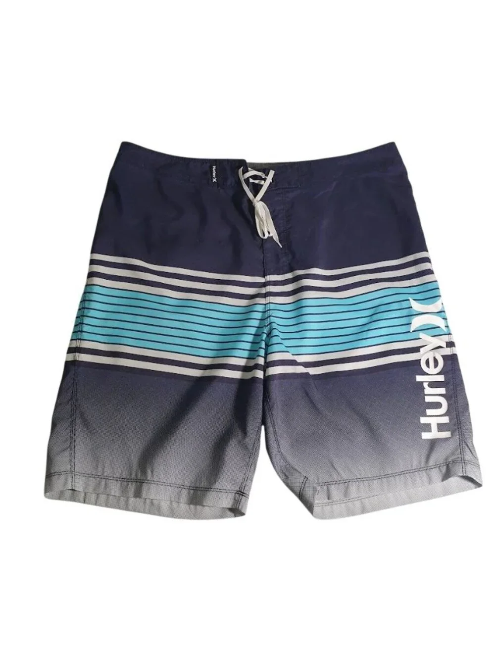 Hurley Mens Board Shorts Surf Swimwear Front Drawstring Pocket Striped Blue Grey